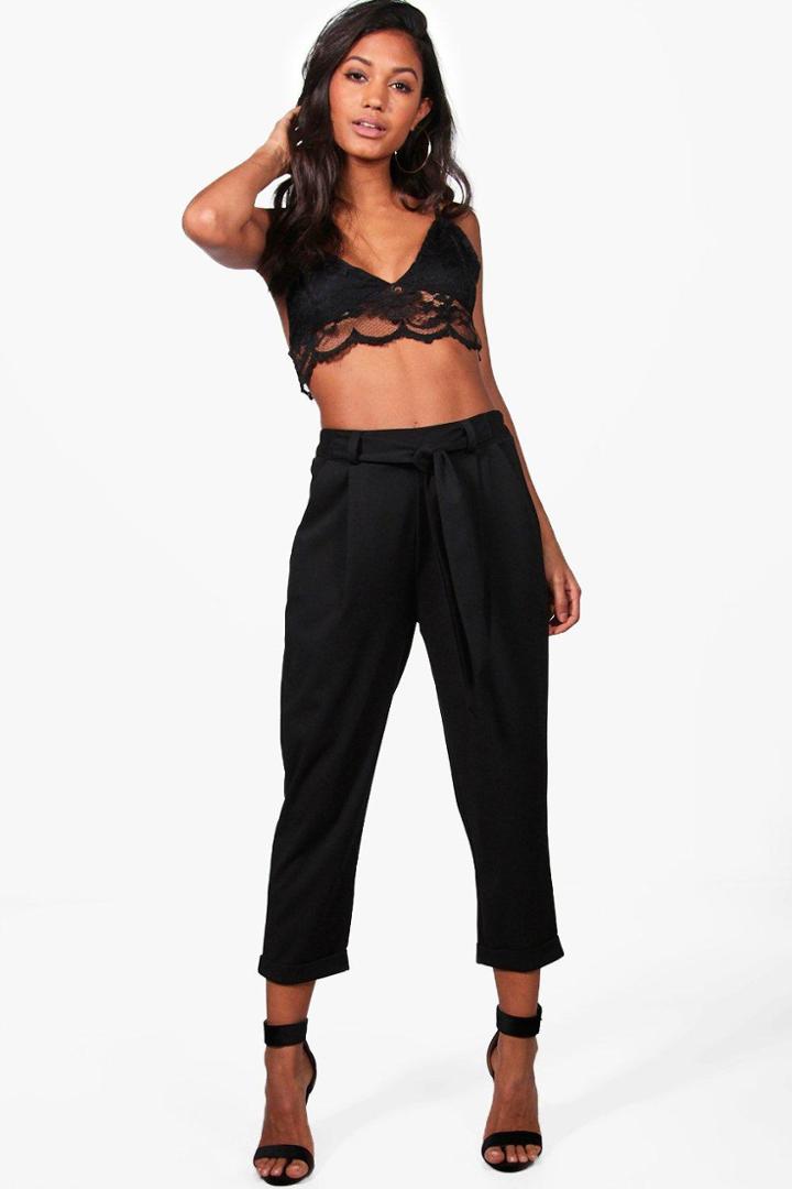 Boohoo Aubery Crepe Tie Waist Ankle Grazer Trousers Black