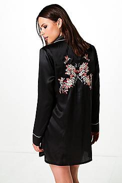 Boohoo Serena Satin Embroideredback Shirt Dress