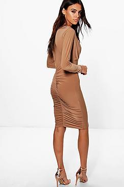 Boohoo Hester Wrap Top Ruched Back Midi Dress