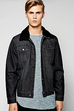 Boohoo Borg Collar Washed Black  Denim Jacket
