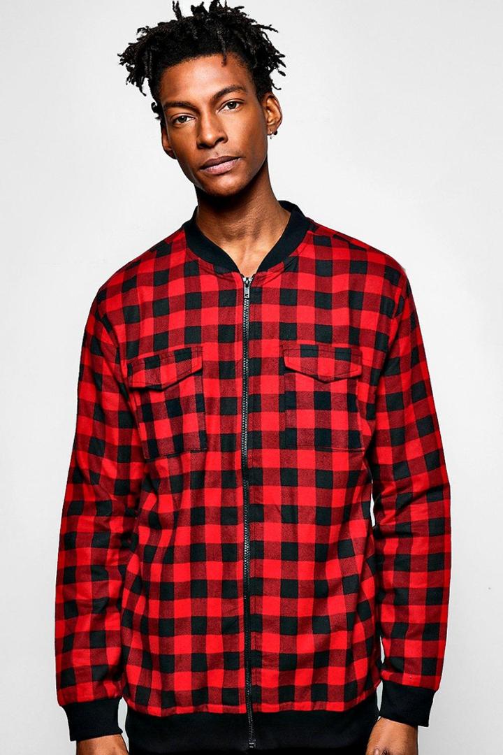 Boohoo Bomber Collar Buffalo Flannel Shirt Red