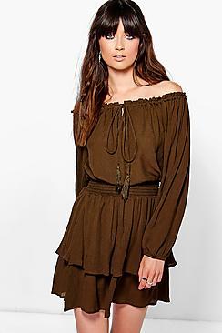 Boohoo Kim Off The Shoulder Tassel Frill Hem Dress