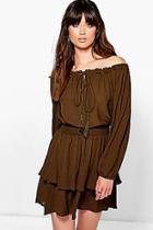 Boohoo Kim Off The Shoulder Tassel Frill Hem Dress