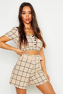 Boohoo Linen Look Printed Button Through Crop Top