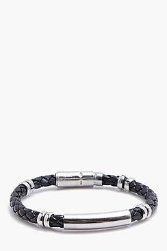 Boohoo Faux Leather Braid Bracelet With Id Tag