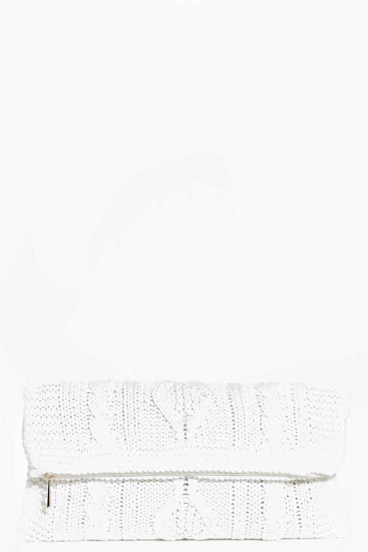 Boohoo Lydia Knitted Fold Over Clutch Cream