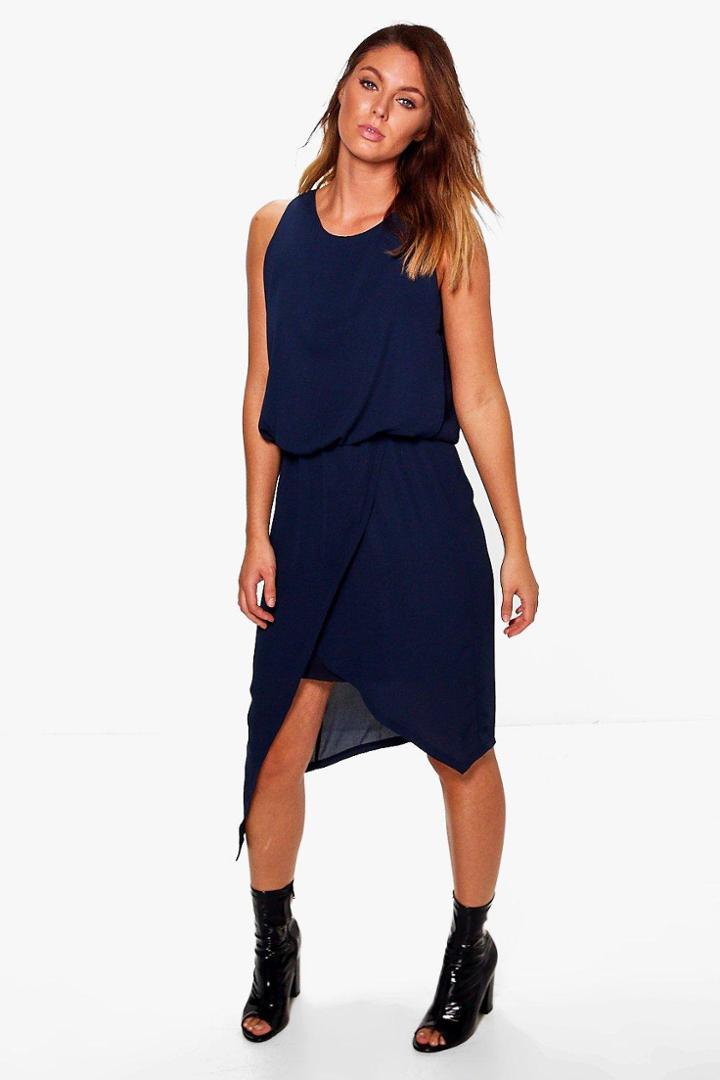 Boohoo Beryl Woven Wrap Detail Rouched Midi Dress Navy