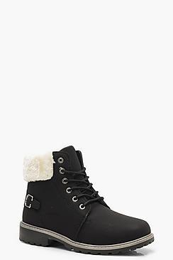 Boohoo Faux Fur Collar Hiker Boots