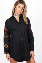 Boohoo Lake Floral Embroidered Shirt Dress Black