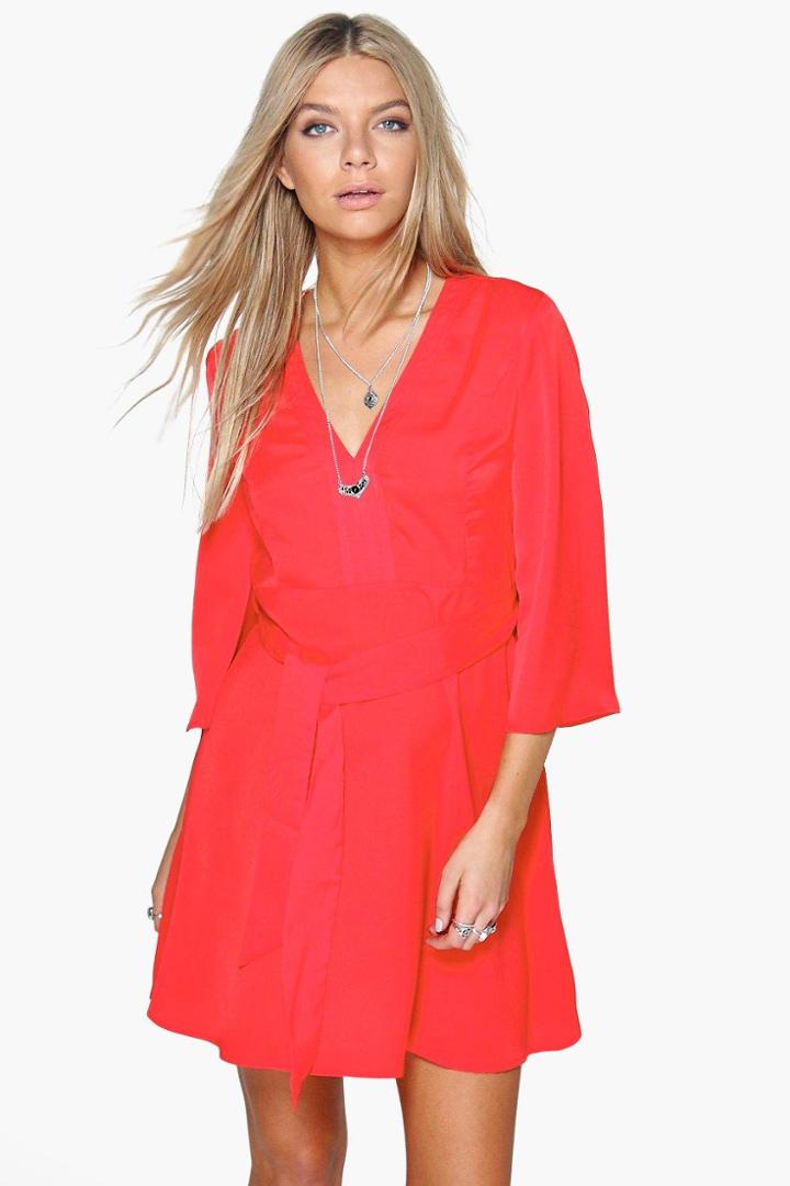 Boohoo Sara Angel Sleeve Belted Dress Red