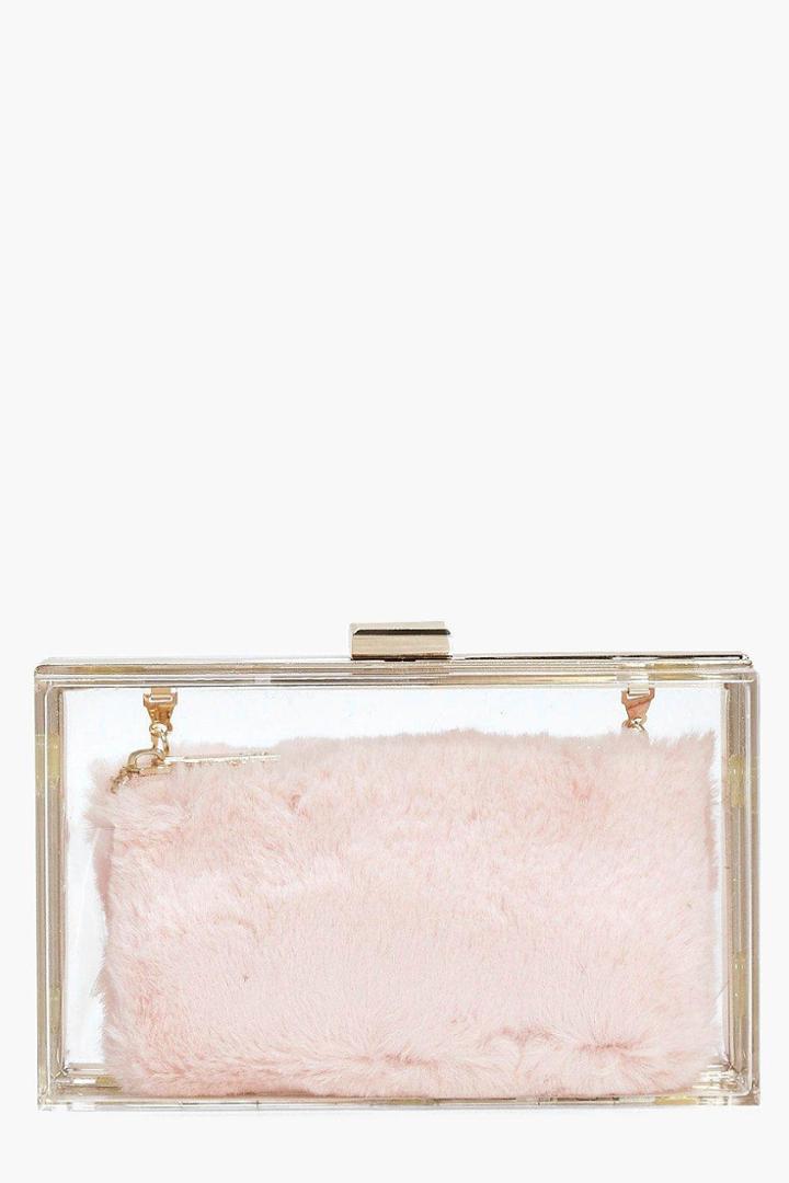 Boohoo Anya Clear Faux Fur Purse Clutch Bag Pink