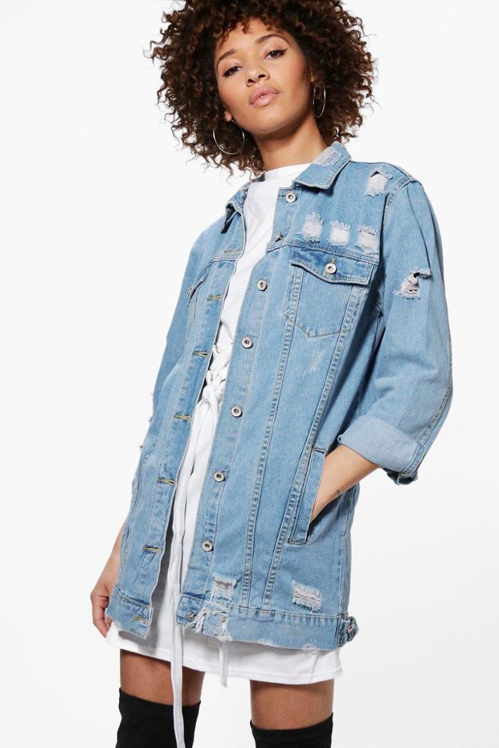 Boohoo Libby Long Line Distressed Boyfriend Jacket Blue