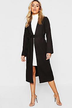 Boohoo Petite Collarless Belted Wool Look Coat