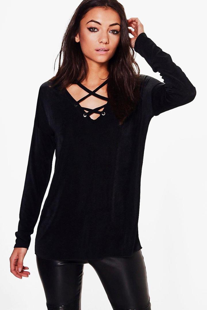 Boohoo Tall Seline Silky Strappy Neck Top Black