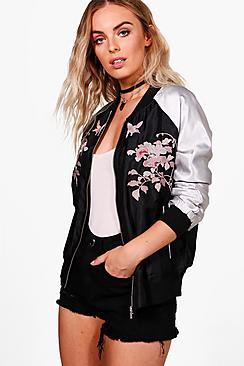 Boohoo Phoebe Satin Embroidered Oriental Bomber