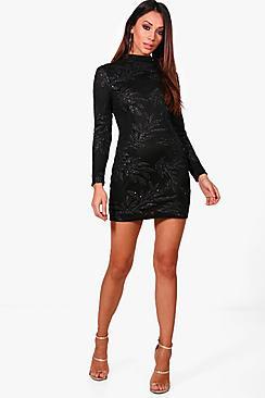 Boohoo Petite Sequin Print High Neck Bodycon Dress