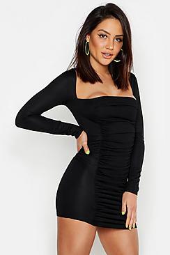 Boohoo Ruched Square Neck Bodycon Midi Dress