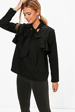 Boohoo Satin Ruffle Pussy Bow Blouse