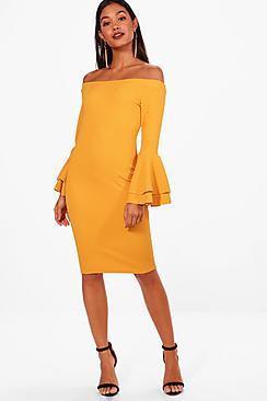 Boohoo Jenny Off The Shoulder Double Frill Midi Dress