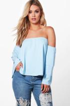 Boohoo Plus Kerry Off The Shoulder Ruffle Sleeve Top Bluebell