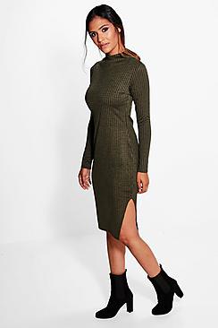 Boohoo Annie Long Sleeve Ribbed Midi Dress
