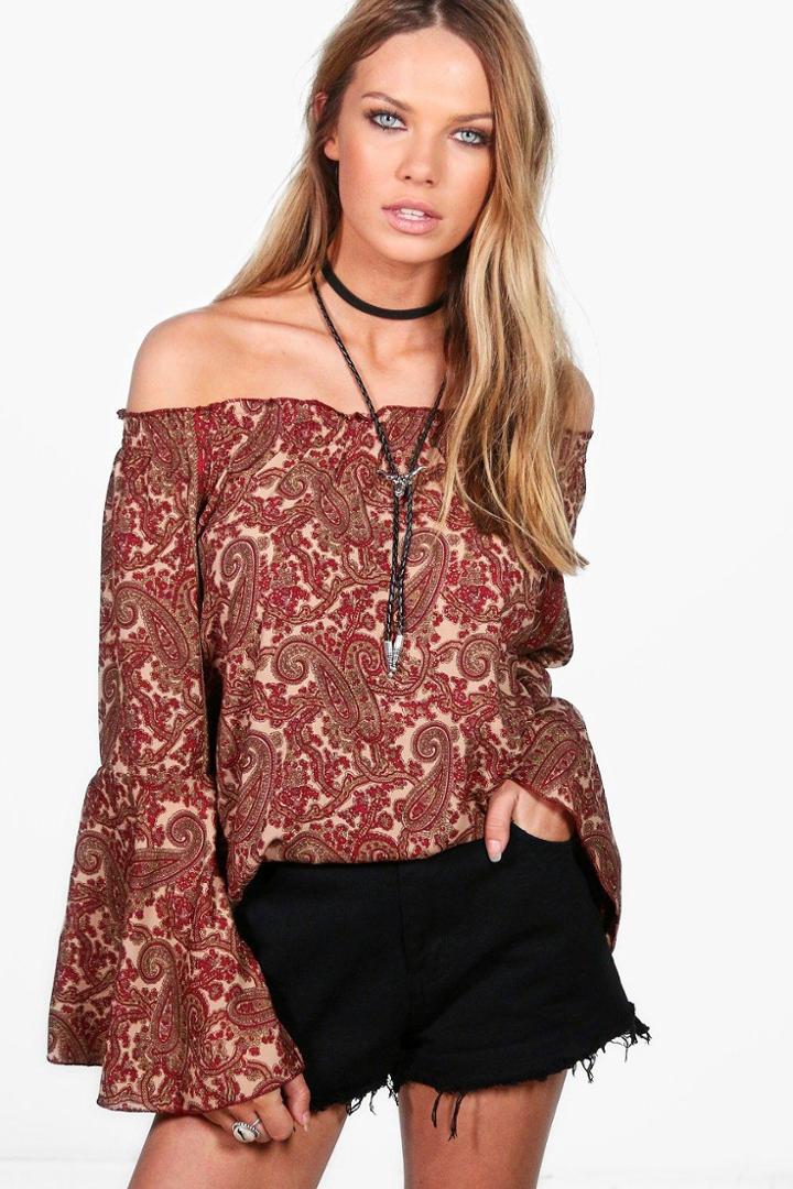 Boohoo Grace Off The Shoulder Printed Top Multi