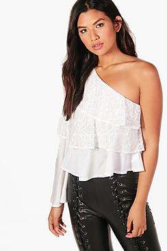 Boohoo Nila Ruffle Lace One Shoulder Top