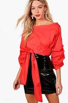 Boohoo Emily Tie Front Ruched Sleeve Top