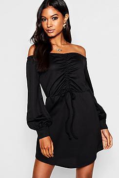 Boohoo Ruched Off The Shoulder Sweatshirt Dress