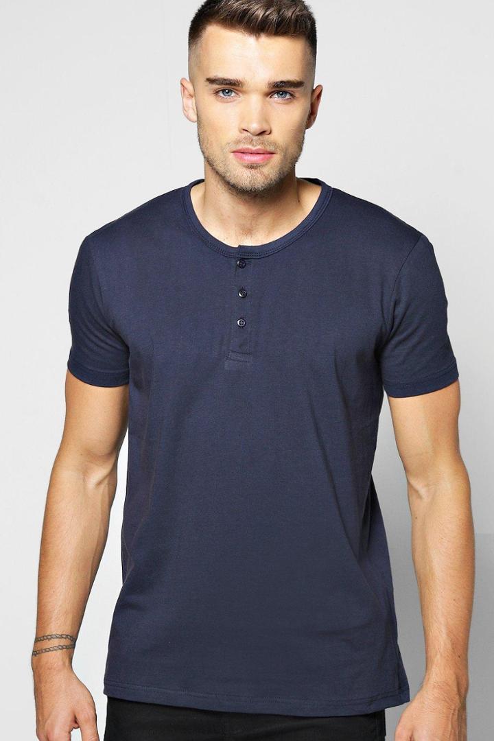 Boohoo Grandad Neck T Shirt Navy