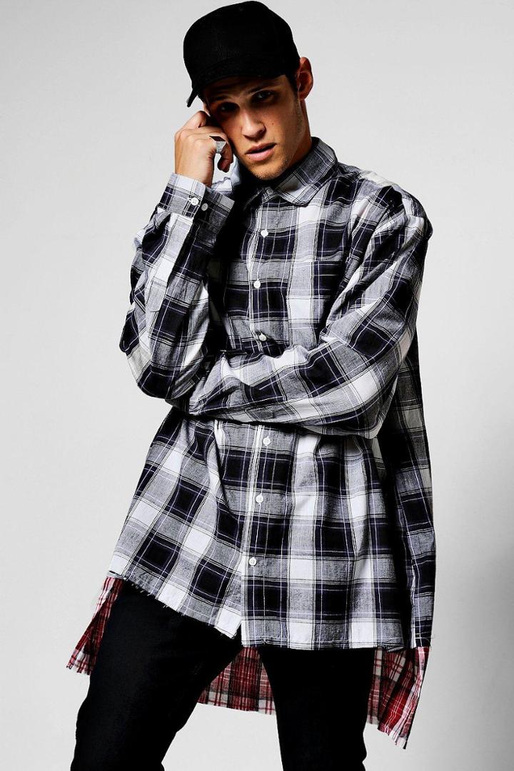 Boohoo Long Sleeve Oversize Flannel Shirt Navy