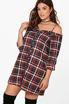 Boohoo Plus Jamie Check Off Shoulder Shirt Dress
