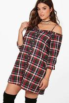 Boohoo Plus Jamie Check Off Shoulder Shirt Dress