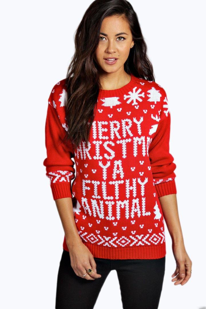 Boohoo Eva Merry Christmas Ya Filthy Animal Jumper Red