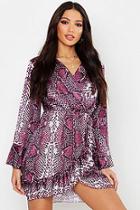 Boohoo Satin Snake Ruffle Tea Dress