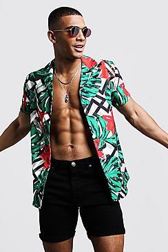 Boohoo Palm Chevron Short Sleeve Revere Shirt