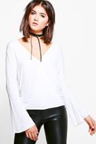 Boohoo Sophia Wrap Front Fluted Sleeve Top Ivory