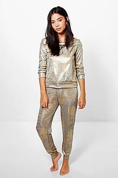 Boohoo Poppy Slash Neck Metallic Knit Jogger Loungewear Set