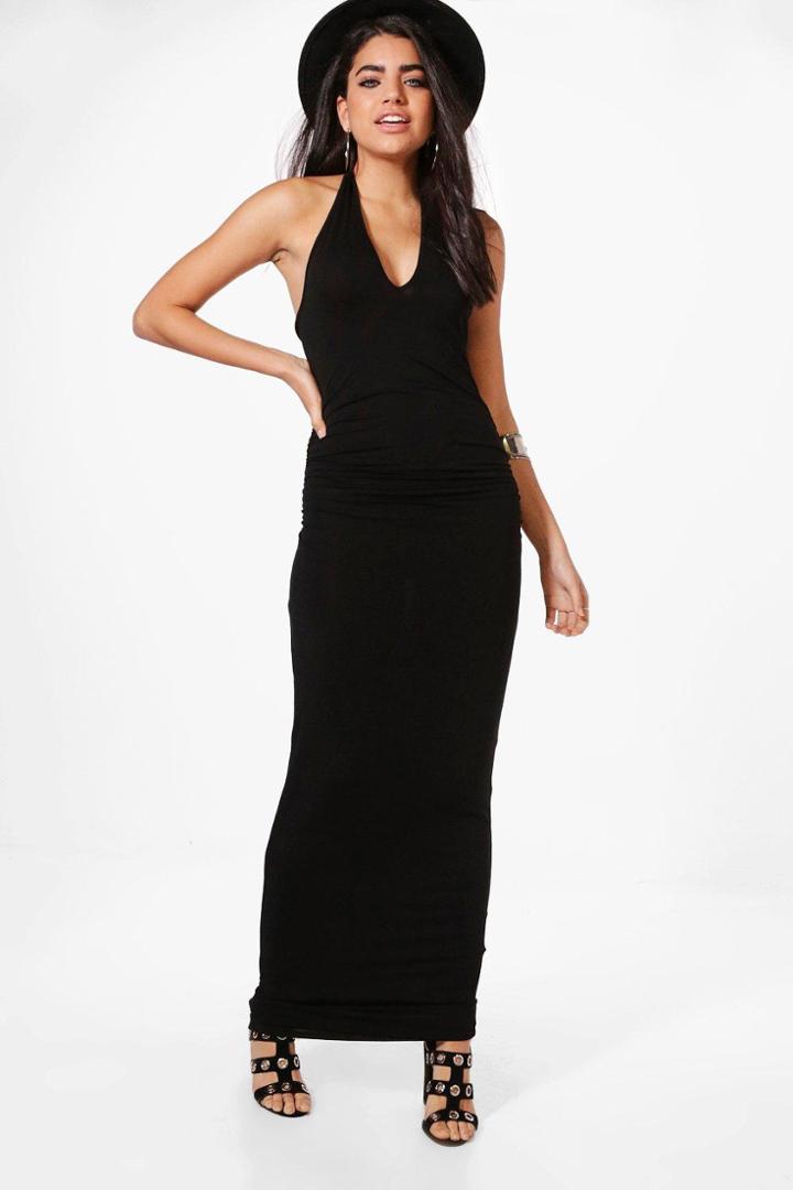 Boohoo Kayleigh V Neck Halter Ruched Waist Maxi Dress Black