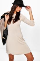 Boohoo Ellie Skater Dress With Long Sleeves Stone