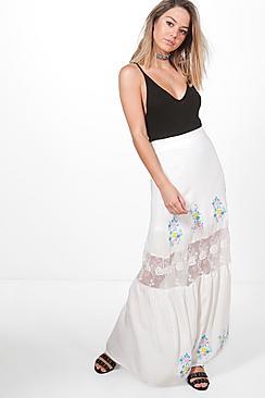 Boohoo Petite Eve Embroidered Lace Insert Tiered Maxi Skirt
