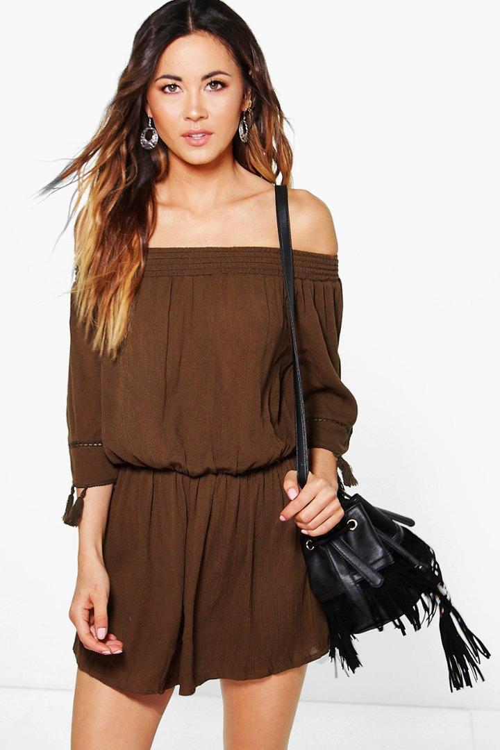 Boohoo Eve Tassel Sleeve Off The Shoulder Woven Playsuit Khaki