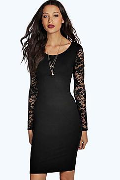 Boohoo Tall Susie Lace Sleeve Mini Bodycon Dress
