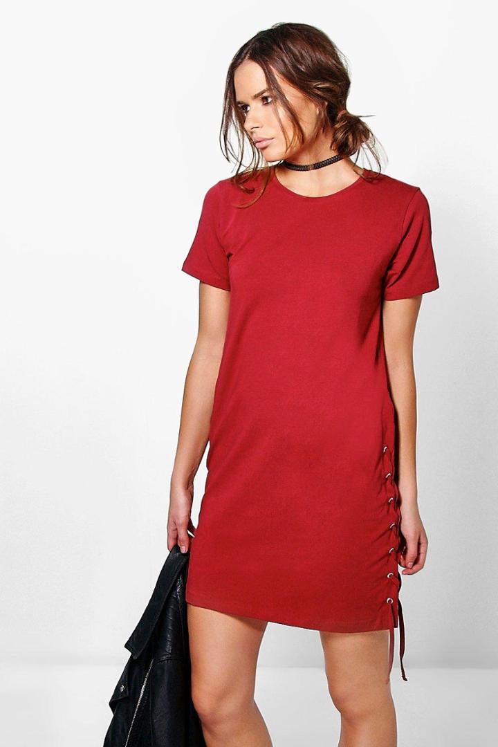 Boohoo Amelia Lace Up Side Shift Dress Wine