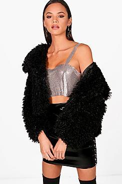 Boohoo Casey Crop Wrap Collar Faux Fur Coat