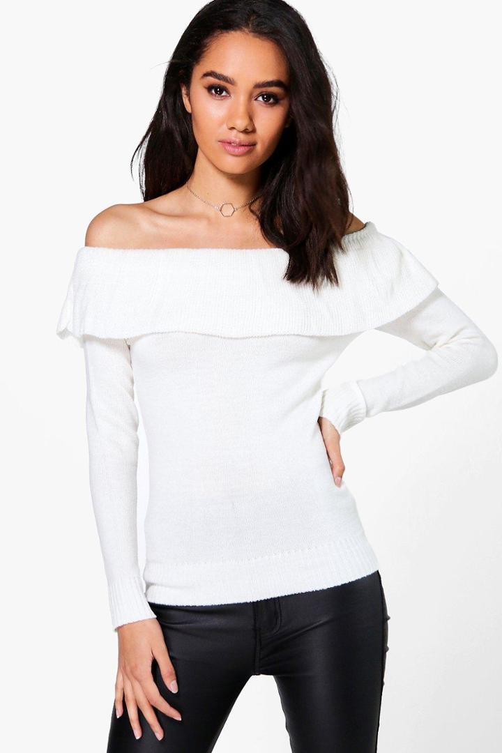 Boohoo Petite Sarah Ruffle Bardot Jumper Ivory