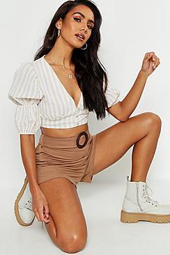 Boohoo Striped Linen Double Puff Sleeve Buttoned Crop Top