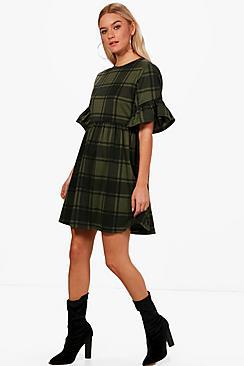 Boohoo Tartan Frill Sleeve Smock Dress