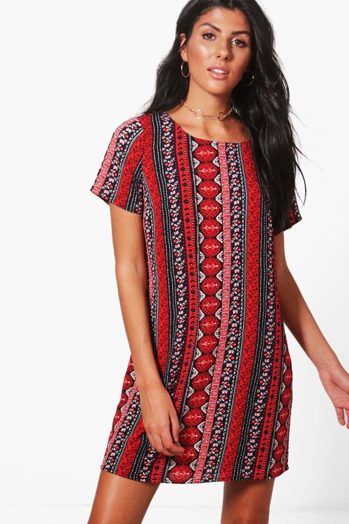 Boohoo Lucy Paisley Border Print Shift Dress Red