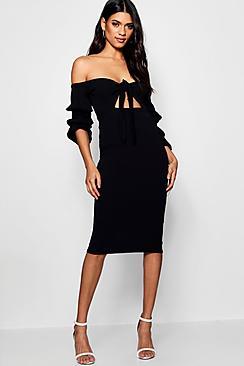 Boohoo Nicole Off The Shoulder Tie Front Midi Dress